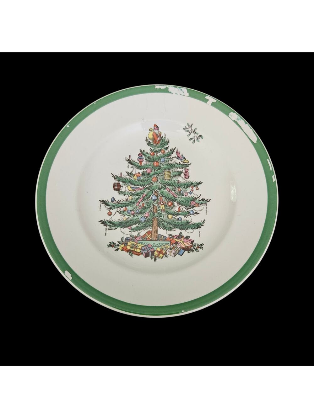 Spode Christmas Tree Salad Plates Set of 4 Green Rim England S3324-A4 READ